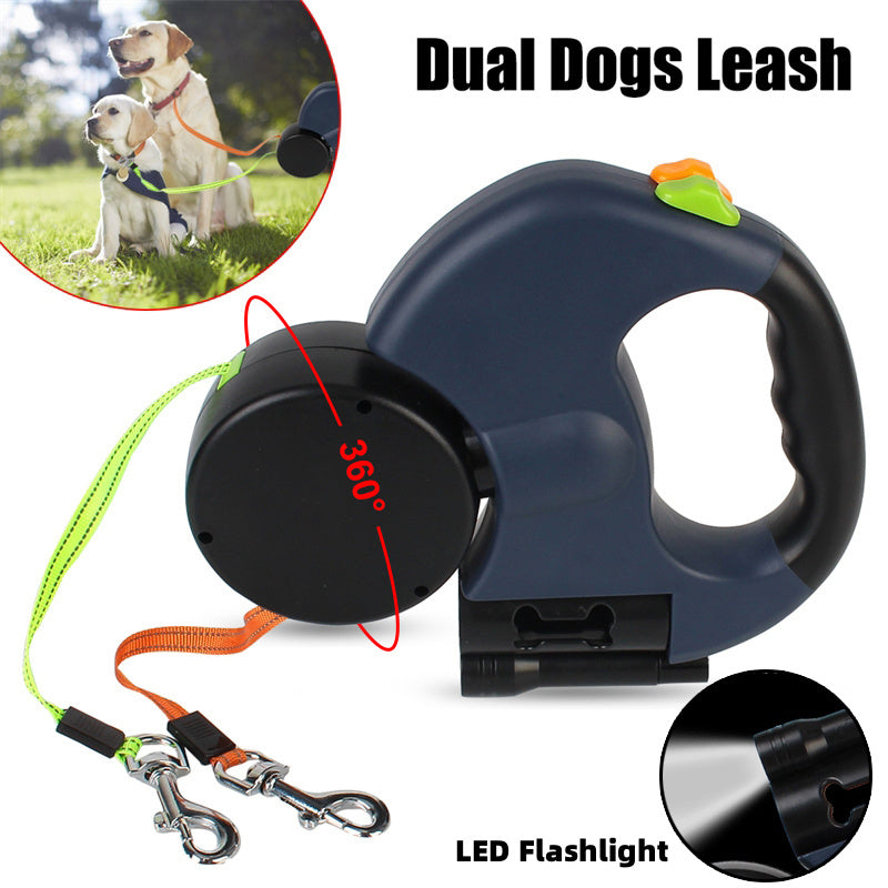 Retractable Dual Dog Leash with LED Light – 360° Tangle-Free for Small Dogs